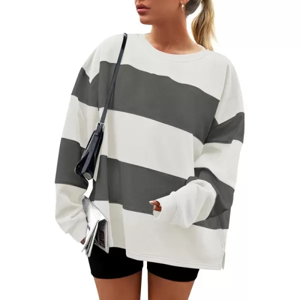 ZESICA Womens Fall Sweatshirt Tops Crewneck Long Sleeve Loose Oversized Striped Fleece Pullover 2024 ClothesGrey