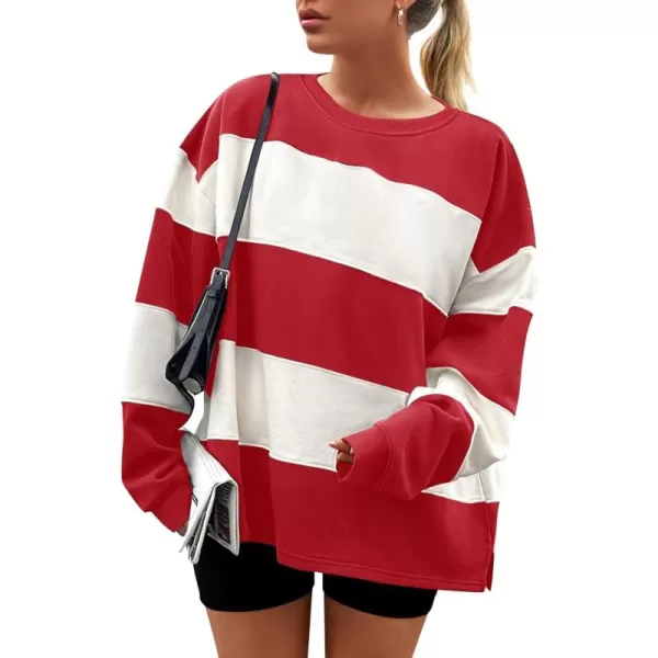 ZESICA Womens Fall Sweatshirt Tops Crewneck Long Sleeve Loose Oversized Striped Fleece Pullover 2024 ClothesRed