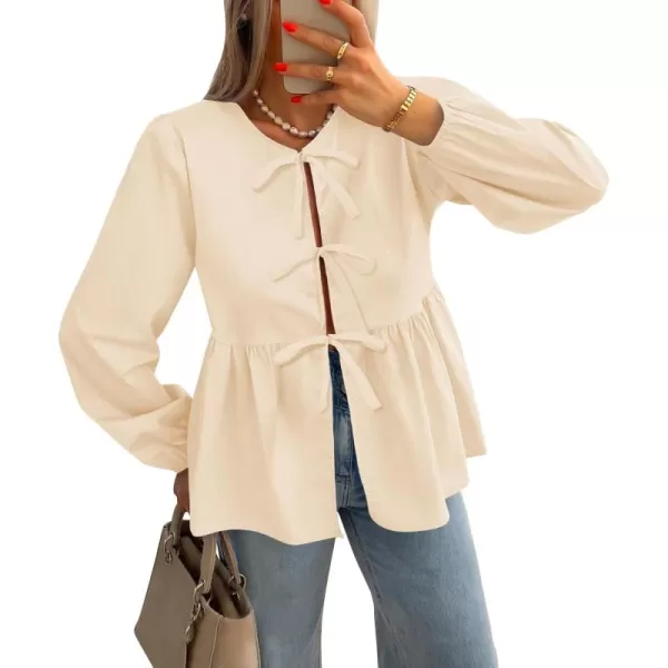 ZESICA Womens Tops Tie Front Long Puff Sleeve Button Peplum Babydoll Cute Shirts 2024 Fall Fashion BlousesApricot