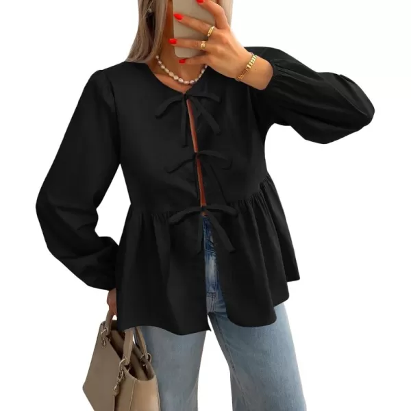 ZESICA Womens Tops Tie Front Long Puff Sleeve Button Peplum Babydoll Cute Shirts 2024 Fall Fashion BlousesBlack