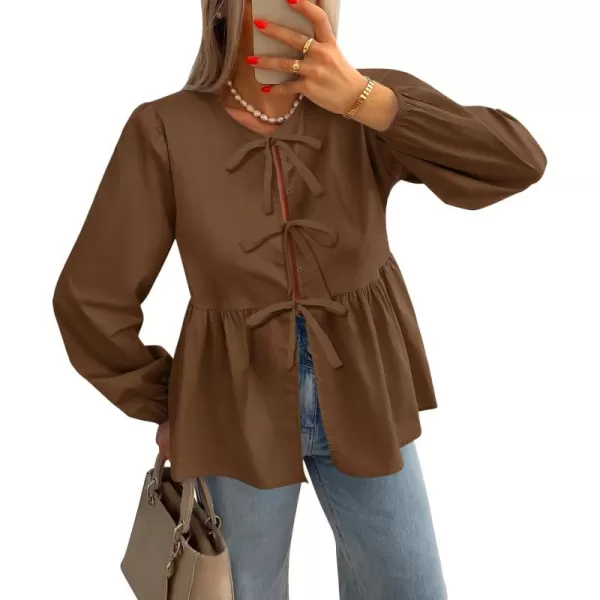 ZESICA Womens Tops Tie Front Long Puff Sleeve Button Peplum Babydoll Cute Shirts 2024 Fall Fashion BlousesBrown