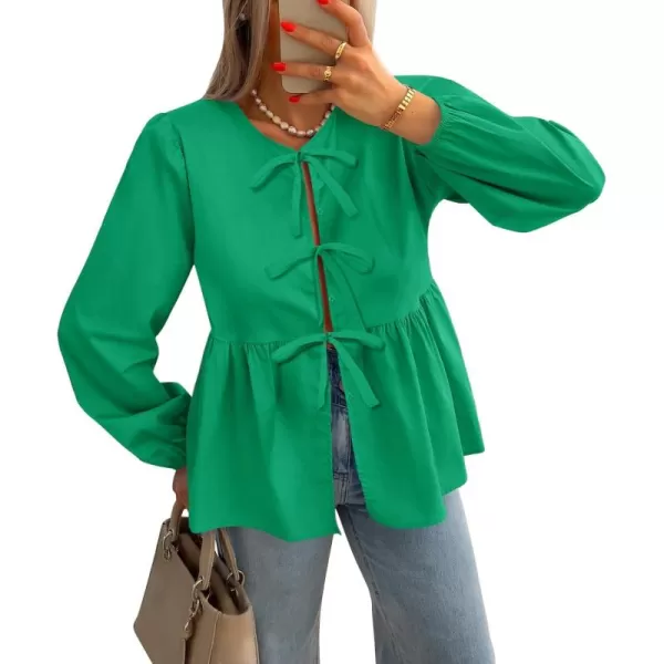 ZESICA Womens Tops Tie Front Long Puff Sleeve Button Peplum Babydoll Cute Shirts 2024 Fall Fashion BlousesGreen