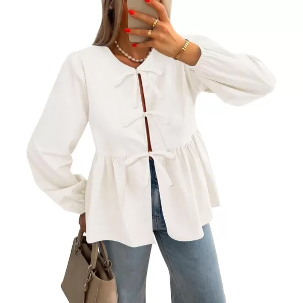 ZESICA Womens Tops Tie Front Long Puff Sleeve Button Peplum Babydoll Cute Shirts 2024 Fall Fashion BlousesIvory