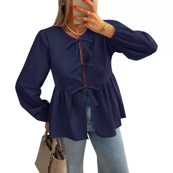 ZESICA Womens Tops Tie Front Long Puff Sleeve Button Peplum Babydoll Cute Shirts 2024 Fall Fashion BlousesNavy