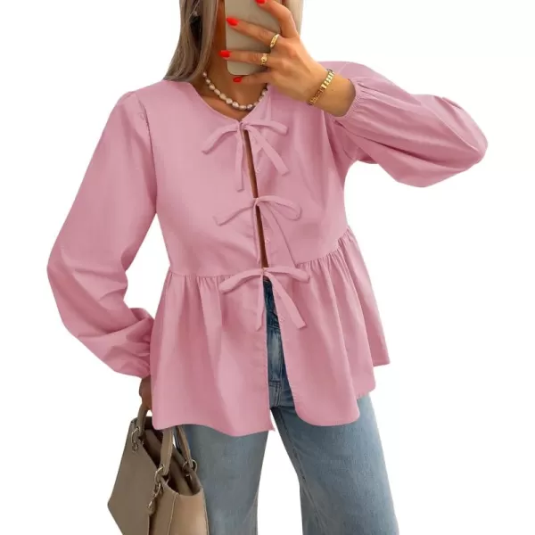 ZESICA Womens Tops Tie Front Long Puff Sleeve Button Peplum Babydoll Cute Shirts 2024 Fall Fashion BlousesPink