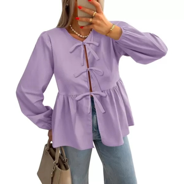 ZESICA Womens Tops Tie Front Long Puff Sleeve Button Peplum Babydoll Cute Shirts 2024 Fall Fashion BlousesPurple