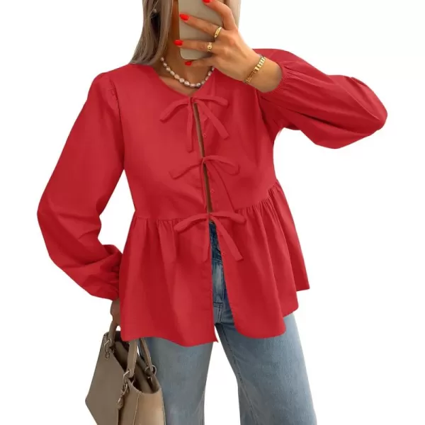 ZESICA Womens Tops Tie Front Long Puff Sleeve Button Peplum Babydoll Cute Shirts 2024 Fall Fashion BlousesRed