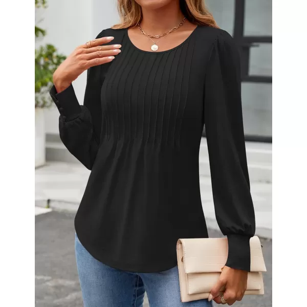 ZESICA Long Sleeve Shirts for Women Fall Tops Crew Neck Pleated Casual Tunic BlousesBlack