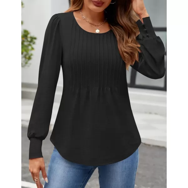ZESICA Long Sleeve Shirts for Women Fall Tops Crew Neck Pleated Casual Tunic BlousesBlack