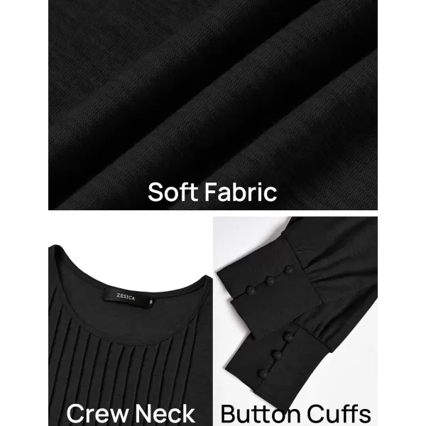 ZESICA Long Sleeve Shirts for Women Fall Tops Crew Neck Pleated Casual Tunic BlousesBlack
