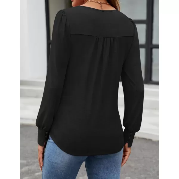 ZESICA Long Sleeve Shirts for Women Fall Tops Crew Neck Pleated Casual Tunic BlousesBlack