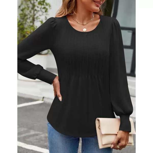 ZESICA Long Sleeve Shirts for Women Fall Tops Crew Neck Pleated Casual Tunic BlousesBlack