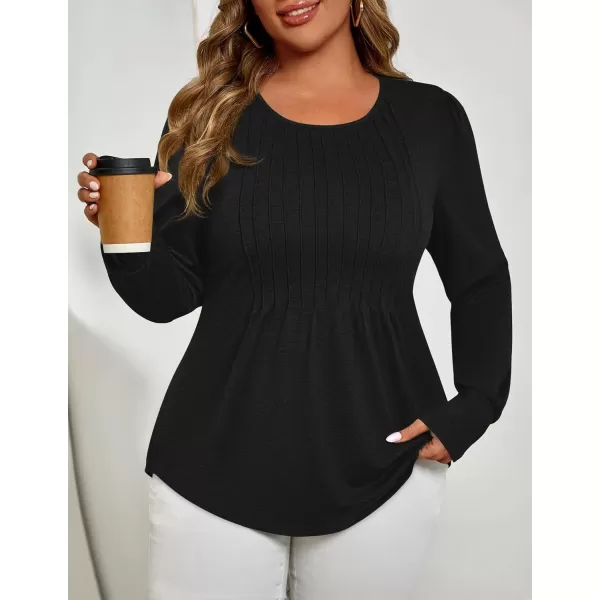ZESICA Long Sleeve Shirts for Women Fall Tops Crew Neck Pleated Casual Tunic BlousesBlack