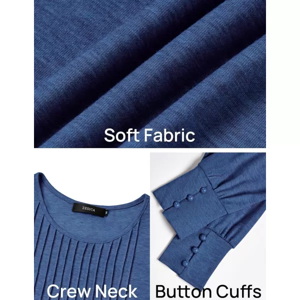 ZESICA Long Sleeve Shirts for Women Fall Tops Crew Neck Pleated Casual Tunic BlousesBlue