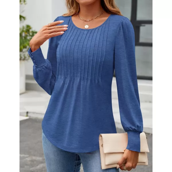ZESICA Long Sleeve Shirts for Women Fall Tops Crew Neck Pleated Casual Tunic BlousesBlue