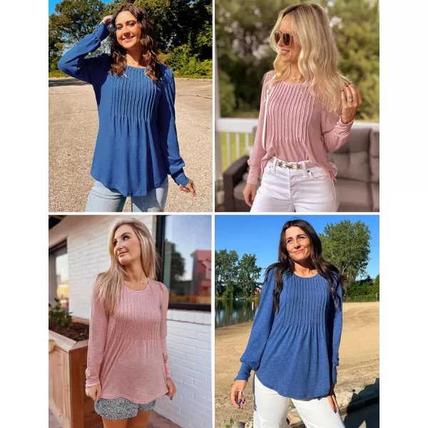 ZESICA Long Sleeve Shirts for Women Fall Tops Crew Neck Pleated Casual Tunic BlousesBlue