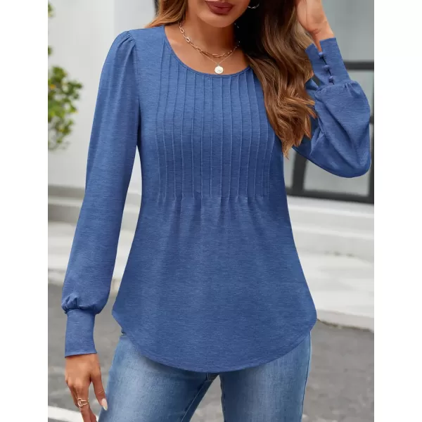 ZESICA Long Sleeve Shirts for Women Fall Tops Crew Neck Pleated Casual Tunic BlousesBlue