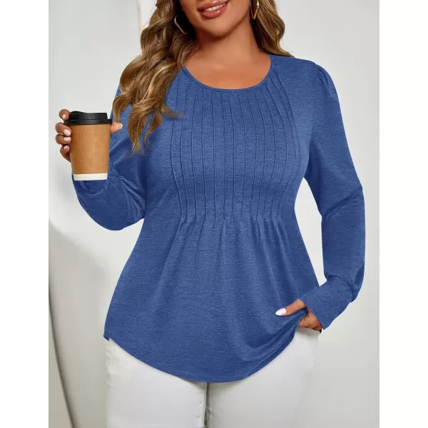 ZESICA Long Sleeve Shirts for Women Fall Tops Crew Neck Pleated Casual Tunic BlousesBlue