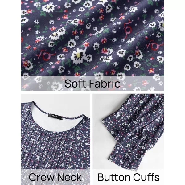 ZESICA Long Sleeve Shirts for Women Fall Tops Crew Neck Pleated Casual Tunic BlousesBlue Floral