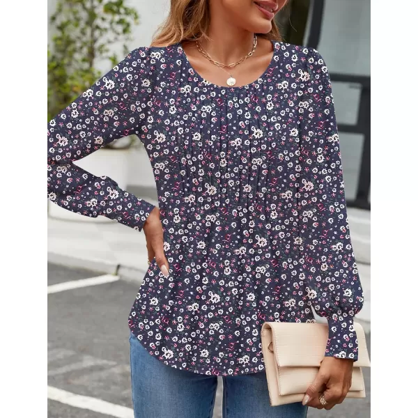 ZESICA Long Sleeve Shirts for Women Fall Tops Crew Neck Pleated Casual Tunic BlousesBlue Floral