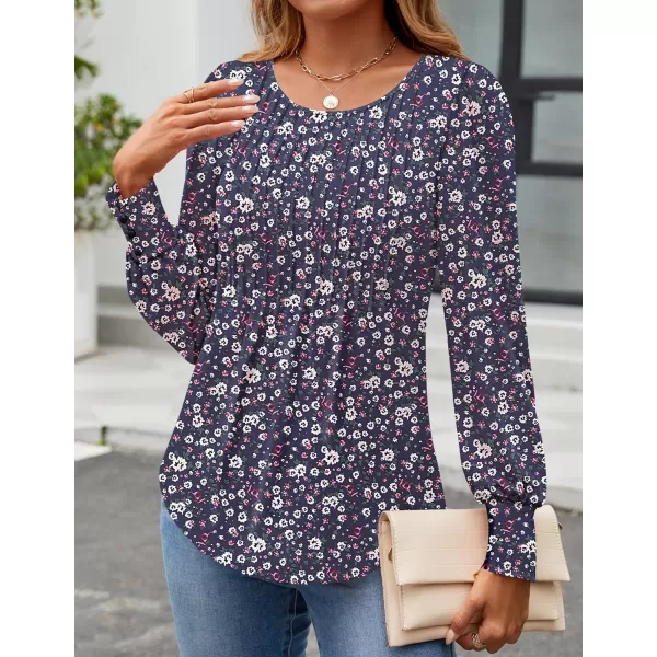 ZESICA Long Sleeve Shirts for Women Fall Tops Crew Neck Pleated Casual Tunic BlousesBlue Floral