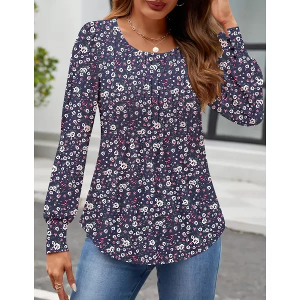 ZESICA Long Sleeve Shirts for Women Fall Tops Crew Neck Pleated Casual Tunic BlousesBlue Floral
