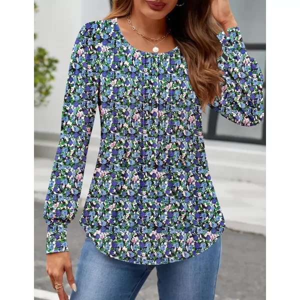 ZESICA Long Sleeve Shirts for Women Fall Tops Crew Neck Pleated Casual Tunic BlousesBlue Pink