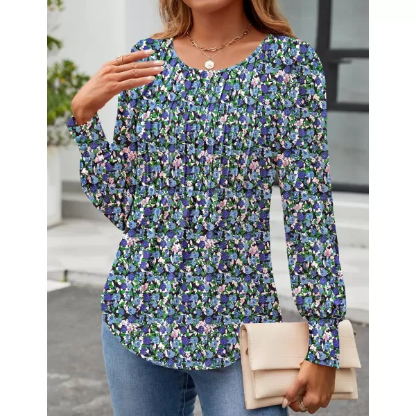 ZESICA Long Sleeve Shirts for Women Fall Tops Crew Neck Pleated Casual Tunic BlousesBlue Pink