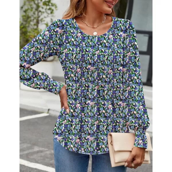 ZESICA Long Sleeve Shirts for Women Fall Tops Crew Neck Pleated Casual Tunic BlousesBlue Pink