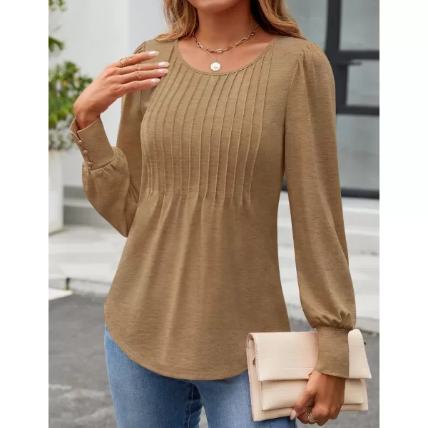 ZESICA Long Sleeve Shirts for Women Fall Tops Crew Neck Pleated Casual Tunic BlousesBrown