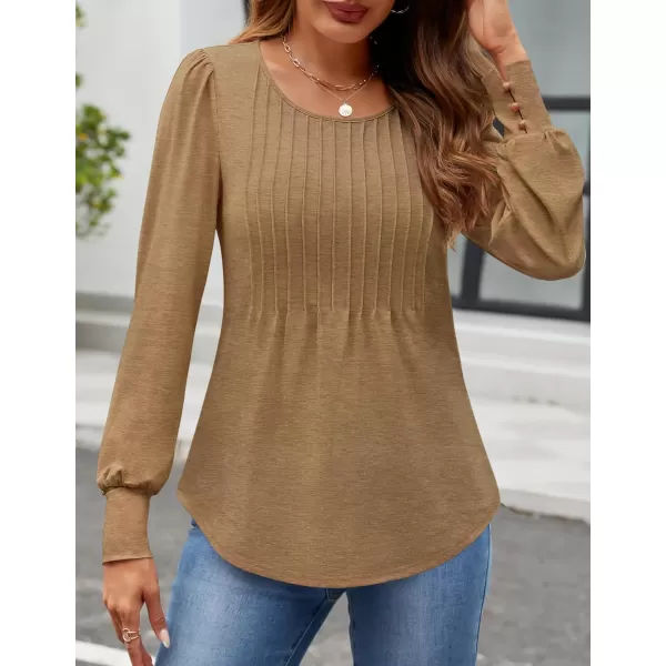 ZESICA Long Sleeve Shirts for Women Fall Tops Crew Neck Pleated Casual Tunic BlousesBrown