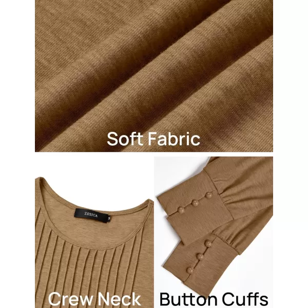 ZESICA Long Sleeve Shirts for Women Fall Tops Crew Neck Pleated Casual Tunic BlousesBrown