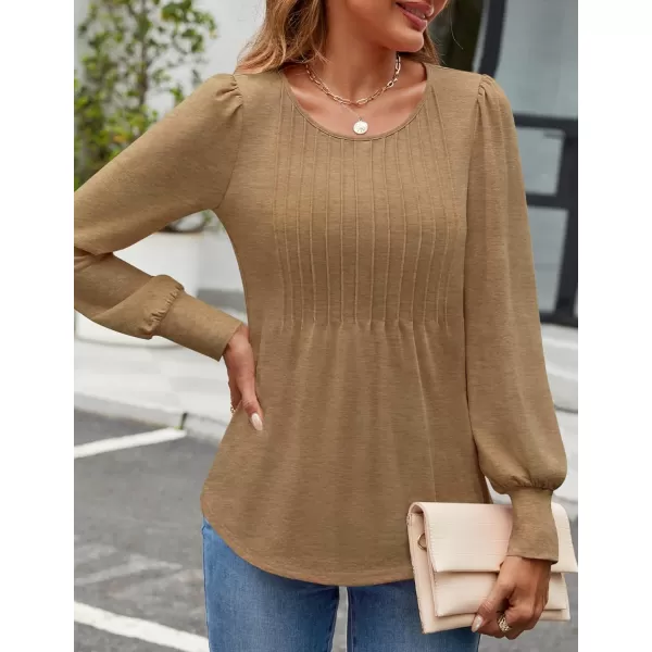 ZESICA Long Sleeve Shirts for Women Fall Tops Crew Neck Pleated Casual Tunic BlousesBrown