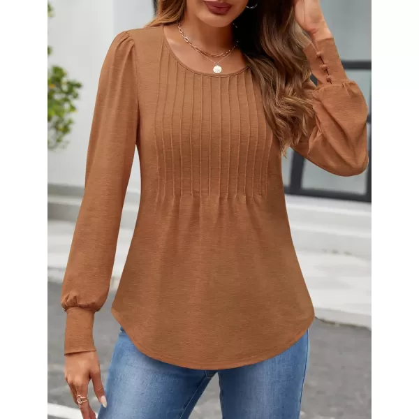 ZESICA Long Sleeve Shirts for Women Fall Tops Crew Neck Pleated Casual Tunic BlousesCaramel