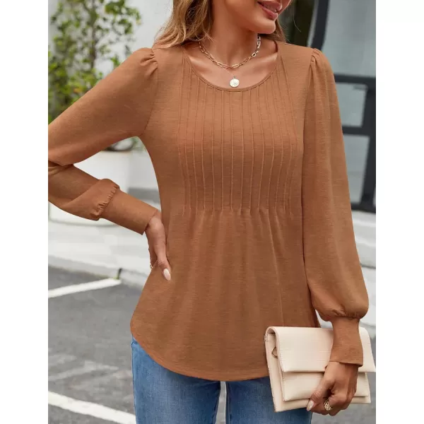 ZESICA Long Sleeve Shirts for Women Fall Tops Crew Neck Pleated Casual Tunic BlousesCaramel