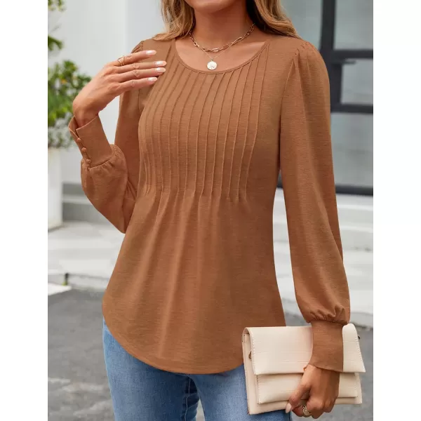 ZESICA Long Sleeve Shirts for Women Fall Tops Crew Neck Pleated Casual Tunic BlousesCaramel