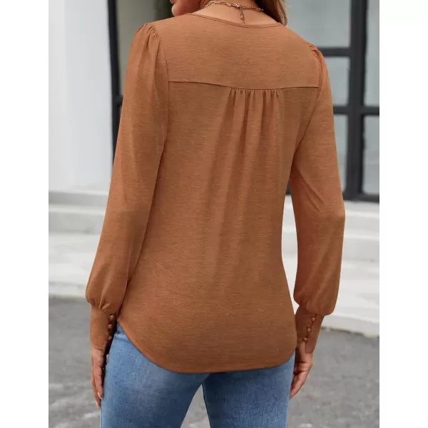 ZESICA Long Sleeve Shirts for Women Fall Tops Crew Neck Pleated Casual Tunic BlousesCaramel