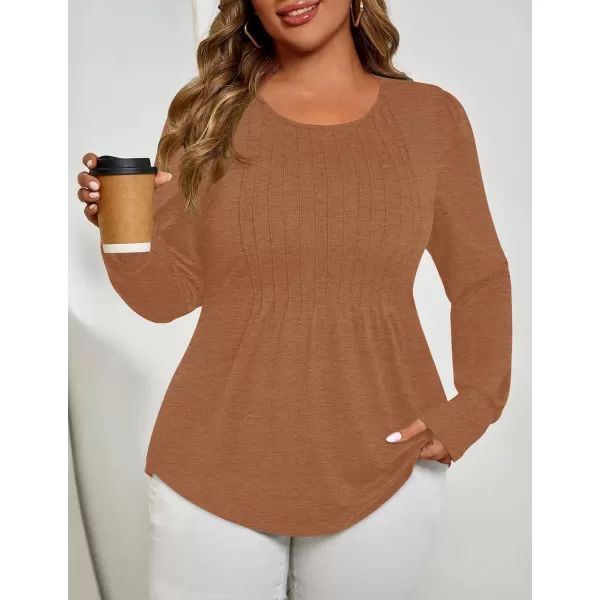 ZESICA Long Sleeve Shirts for Women Fall Tops Crew Neck Pleated Casual Tunic BlousesCaramel