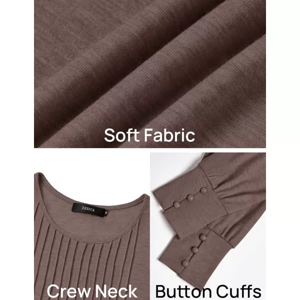 ZESICA Long Sleeve Shirts for Women Fall Tops Crew Neck Pleated Casual Tunic BlousesCoffeegrey