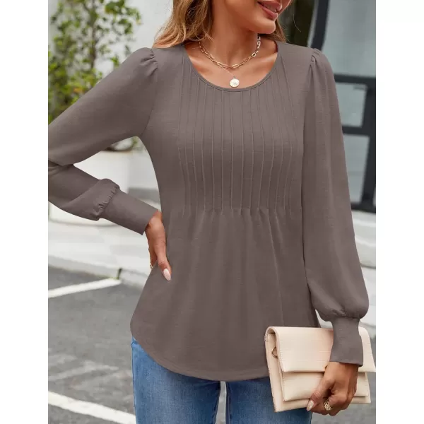 ZESICA Long Sleeve Shirts for Women Fall Tops Crew Neck Pleated Casual Tunic BlousesCoffeegrey