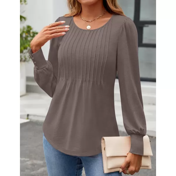 ZESICA Long Sleeve Shirts for Women Fall Tops Crew Neck Pleated Casual Tunic BlousesCoffeegrey
