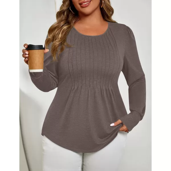 ZESICA Long Sleeve Shirts for Women Fall Tops Crew Neck Pleated Casual Tunic BlousesCoffeegrey