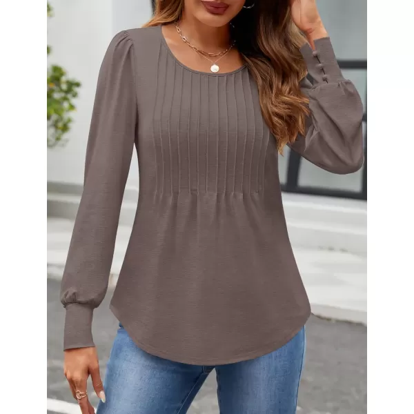 ZESICA Long Sleeve Shirts for Women Fall Tops Crew Neck Pleated Casual Tunic BlousesCoffeegrey