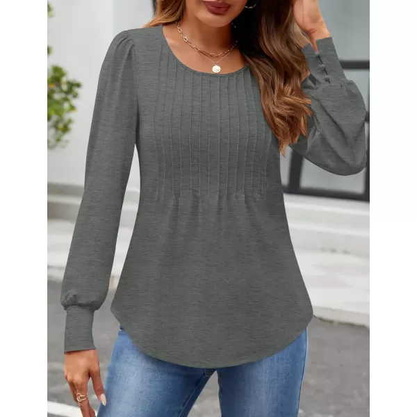 ZESICA Long Sleeve Shirts for Women Fall Tops Crew Neck Pleated Casual Tunic BlousesDarkgrey
