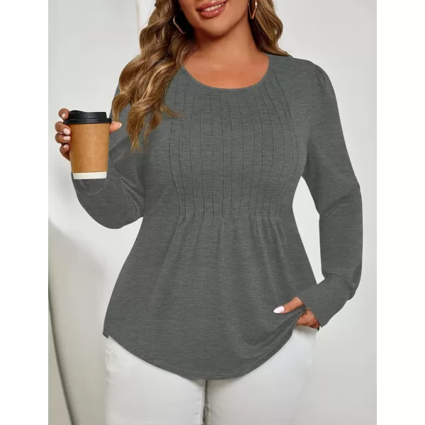 ZESICA Long Sleeve Shirts for Women Fall Tops Crew Neck Pleated Casual Tunic BlousesDarkgrey