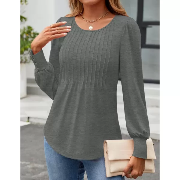 ZESICA Long Sleeve Shirts for Women Fall Tops Crew Neck Pleated Casual Tunic BlousesDarkgrey