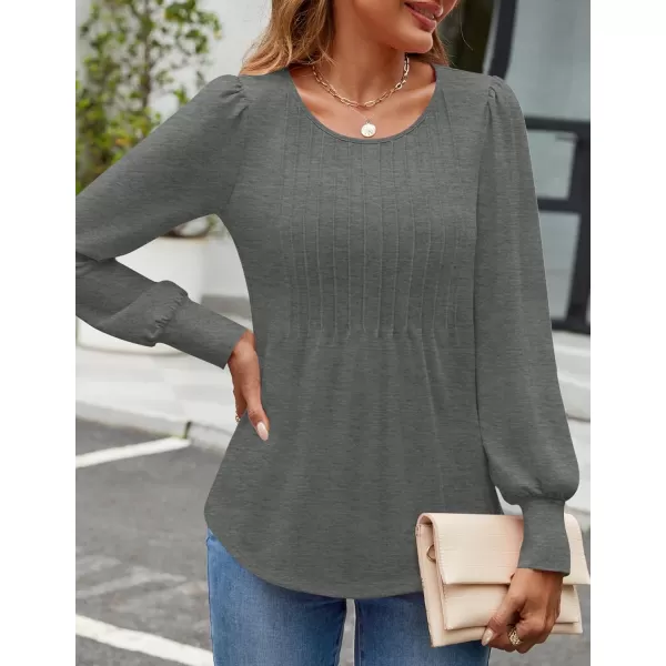 ZESICA Long Sleeve Shirts for Women Fall Tops Crew Neck Pleated Casual Tunic BlousesDarkgrey