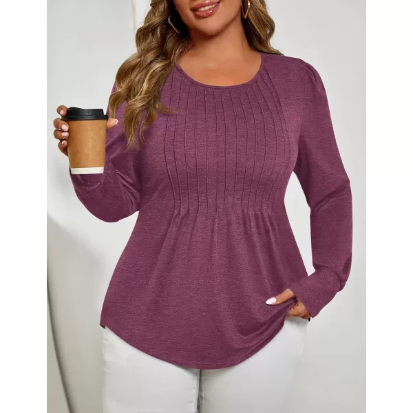 ZESICA Long Sleeve Shirts for Women Fall Tops Crew Neck Pleated Casual Tunic BlousesFuchsia