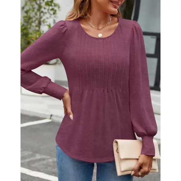 ZESICA Long Sleeve Shirts for Women Fall Tops Crew Neck Pleated Casual Tunic BlousesFuchsia