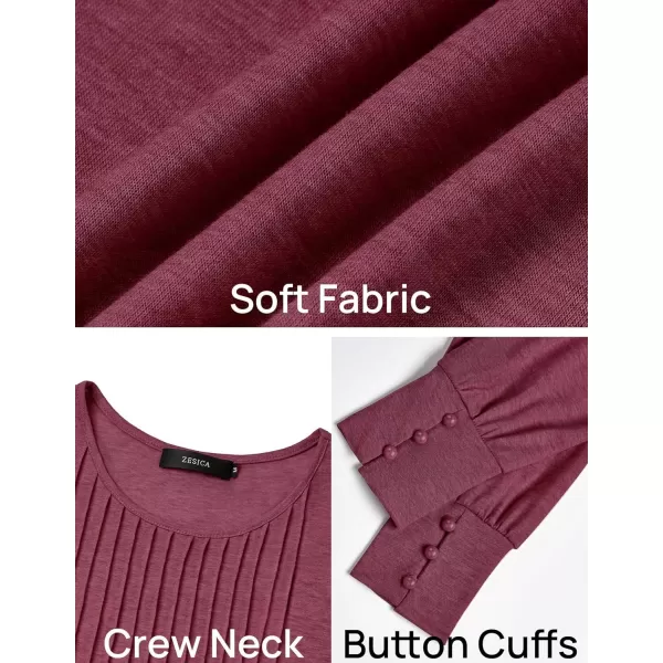 ZESICA Long Sleeve Shirts for Women Fall Tops Crew Neck Pleated Casual Tunic BlousesFuchsia